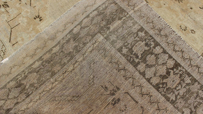 Vintage Turkish Floral Medallion Oushak Area Rug in Tan, Brown and Beige Measures: 7'11 x 11'5 This Vintage Turkish Oushak, from 1940s Turkey, featuring a chocolate brown border with connecting flower and vines. The sandy field combines ... - Keivan Woven ArtsTU - UGU - 14 - 3100Rug