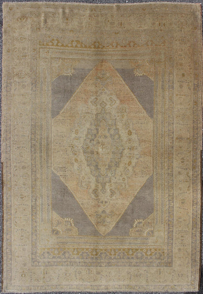 Keivan Woven Arts - Vintage Turkish Oushak rug with layered medallion in Light Purple/Gray, Tan Colors, pale apricot colors, rug tu - ugu - 15, country of origin type: Turkey Oushak, circa 1940 This Oushak carpet, circa 1940 features a multi - layered ... - Keivan Woven ArtsTU - UGU - 15 - 2824Rug