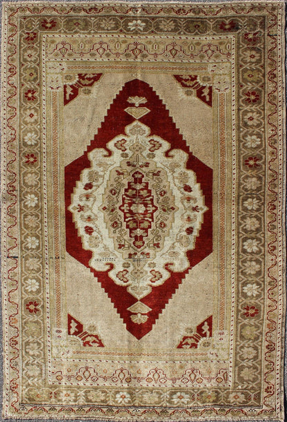 Vintage Turkish Layered Medallion Oushak Rug in Dark Red and Neutrals Measures: 4'10 x 7'4 This vintage, midcentury Turkish Oushak rug features an intricately beautiful design with a traditional aesthetic. The central medallion is surro... - Keivan Woven ArtsTU - UGU - 21 - 2830Rug