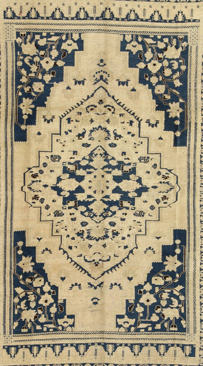 Vintage Turkish Floral Medallion Oushak Rug in Royal Blue and Beige Tones; Measures 7'11 x 10'11 This vintage Oushak features classic Oushak medallion designs, with more contemporary colors. The antique - white field displays a large centra... - Keivan Woven ArtsTU - UGU - 25 - 3132Rug