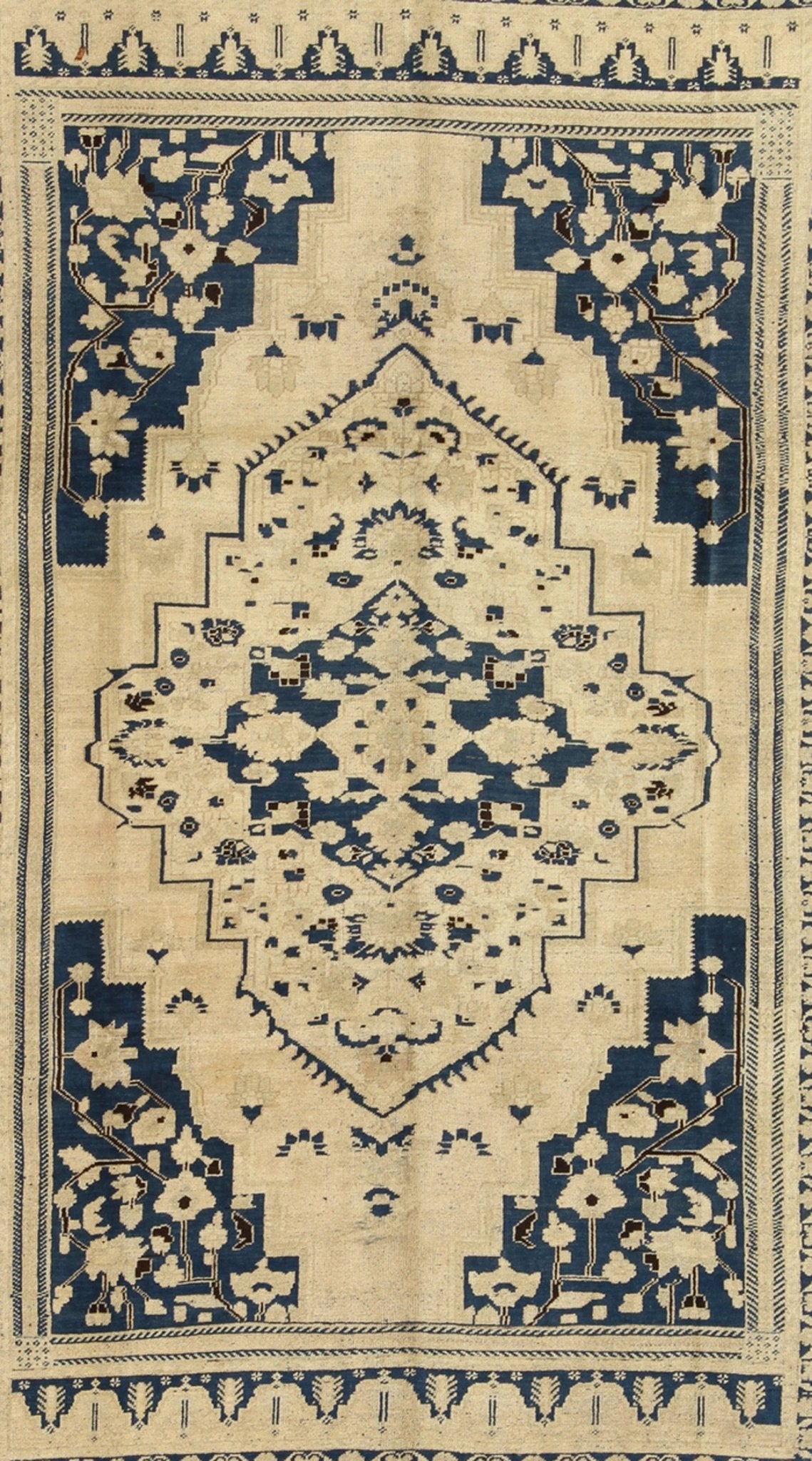 Vintage Turkish Floral Medallion Oushak Rug in Royal Blue and Beige Tones; Measures 7'11 x 10'11 This vintage Oushak features classic Oushak medallion designs, with more contemporary colors. The antique - white field displays a large centra... - Keivan Woven ArtsTU - UGU - 25 - 3132Rug