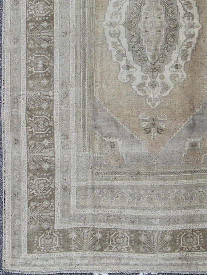 Warm colored layered medallion sub - geometric vintage Turkish Oushak tug in taupe, gray, brown, rug tu - vey - 3284, country of origin / type: Turkey / Oushak, circa 1940. This Oushak rug features a unique blend of colors and an intricately beautiful... - Keivan Woven ArtsTU - UGU - 29 - 2836Rug