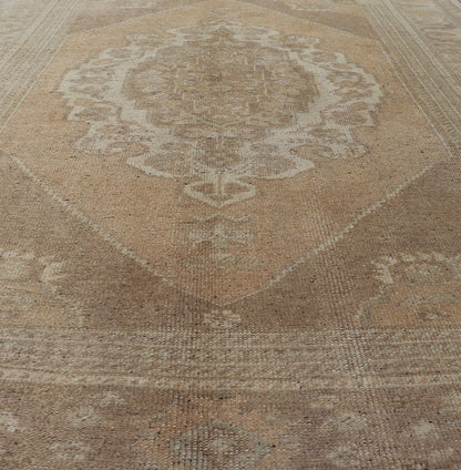 Muted Colors Vintage Turkish Oushak Rug with Medallion Design in Lt. Green. Muted vintage Turkish Oushak rug with large medallion design in light green, gray, light salmon and rust, Camel and taupe, rug tu - ugu - 32, country of origin / type: Turkey /... - Keivan Woven ArtsTU - UGU - 32 - 2946Rug