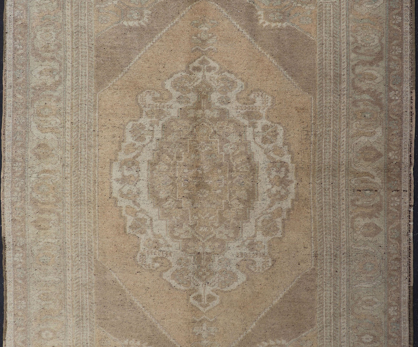 Muted Colors Vintage Turkish Oushak Rug with Medallion Design in Lt. Green. Muted vintage Turkish Oushak rug with large medallion design in light green, gray, light salmon and rust, Camel and taupe, rug tu - ugu - 32, country of origin / type: Turkey /... - Keivan Woven ArtsTU - UGU - 32 - 2946Rug