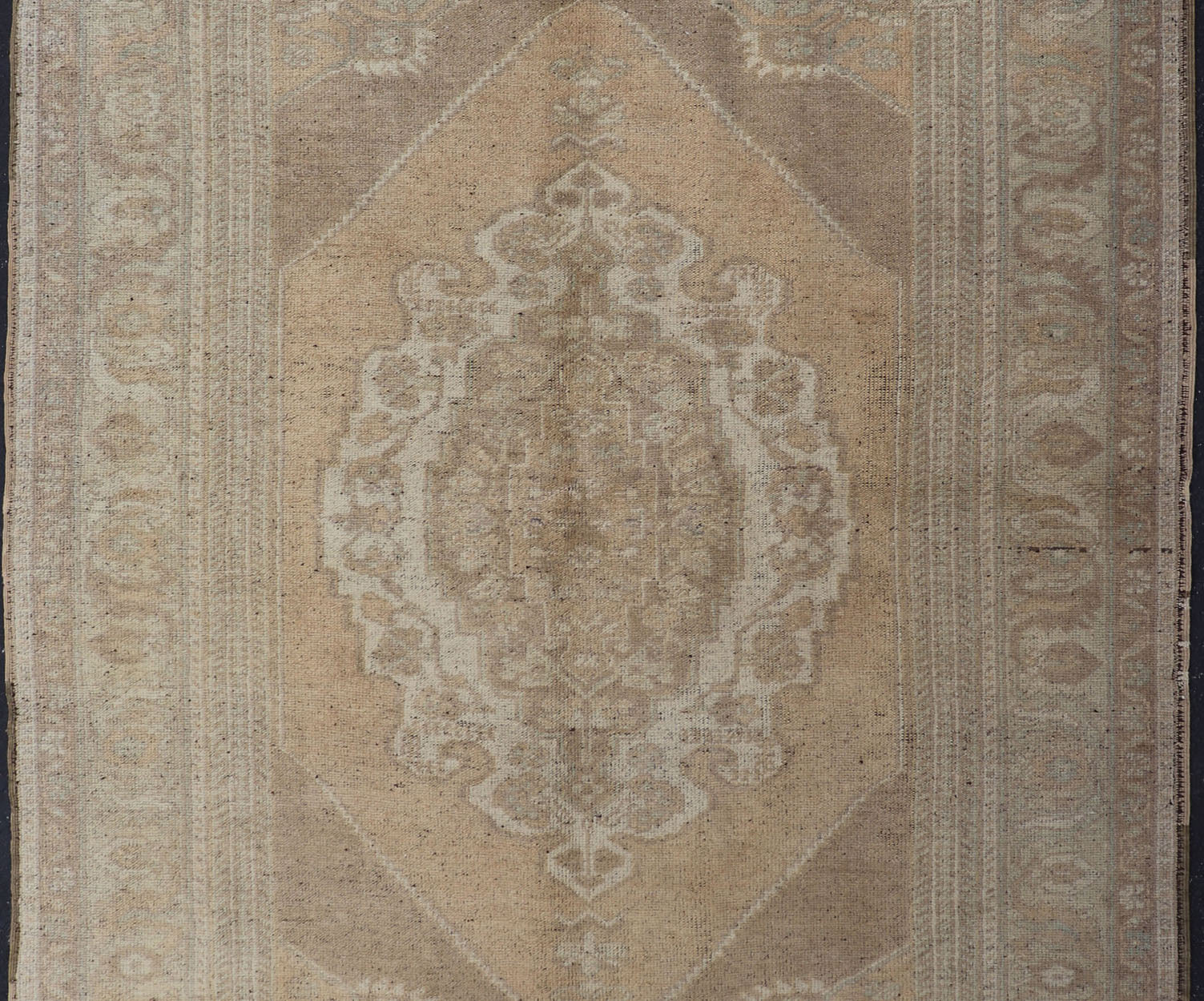 Muted Colors Vintage Turkish Oushak Rug with Medallion Design in Lt. Green. Muted vintage Turkish Oushak rug with large medallion design in light green, gray, light salmon and rust, Camel and taupe, rug tu - ugu - 32, country of origin / type: Turkey /... - Keivan Woven ArtsTU - UGU - 32 - 2946Rug