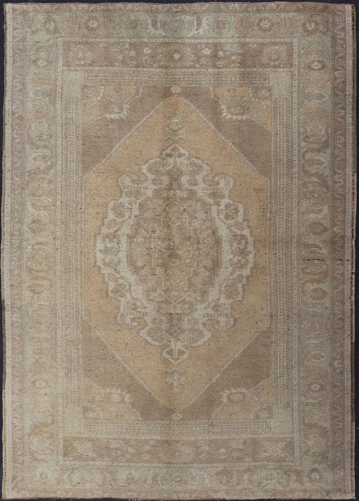 Muted Colors Vintage Turkish Oushak Rug with Medallion Design in Lt. Green. Muted vintage Turkish Oushak rug with large medallion design in light green, gray, light salmon and rust, Camel and taupe, rug tu - ugu - 32, country of origin / type: Turkey /... - Keivan Woven ArtsTU - UGU - 32 - 2946Rug