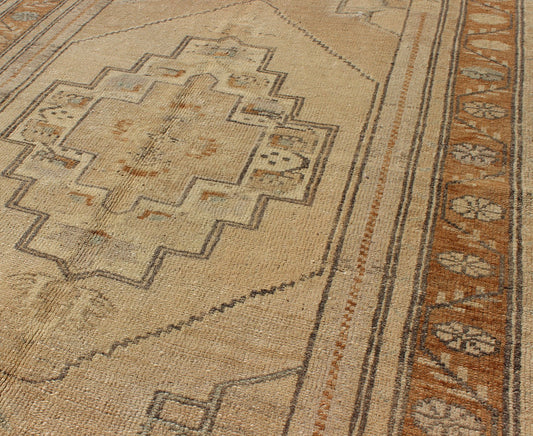 Vintage Turkish Oushak Rug with Medallion Design in Camel, Taupe, Green & Brown . Medallion design Turkish vintage rug in neutral tones of tan, taupe, light brown, camel, and light green, rug TU - UGU - 3344, country of origin / type: Turkey / Oush... - Keivan Woven ArtsTU - UGU - 3344 - 5884Rug