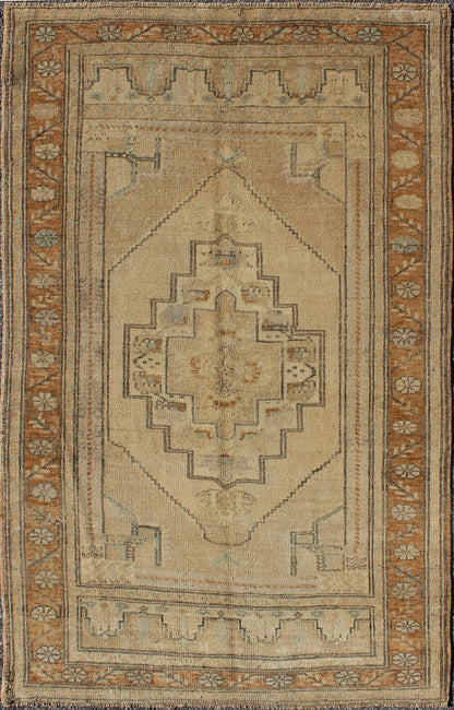 Vintage Turkish Oushak Rug with Medallion Design in Camel, Taupe, Green & Brown . Medallion design Turkish vintage rug in neutral tones of tan, taupe, light brown, camel, and light green, rug TU - UGU - 3344, country of origin / type: Turkey / Oush... - Keivan Woven ArtsTU - UGU - 3344 - 5884Rug