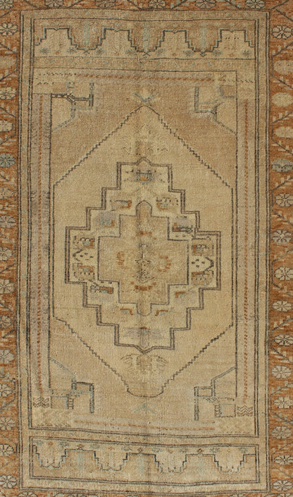 Vintage Turkish Oushak Rug with Medallion Design in Camel, Taupe, Green & Brown . Medallion design Turkish vintage rug in neutral tones of tan, taupe, light brown, camel, and light green, rug TU - UGU - 3344, country of origin / type: Turkey / Oush... - Keivan Woven ArtsTU - UGU - 3344 - 5884Rug