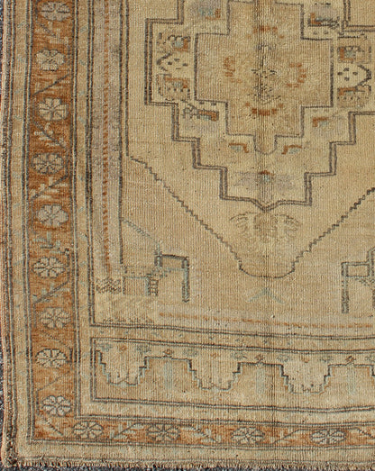Vintage Turkish Oushak Rug with Medallion Design in Camel, Taupe, Green & Brown . Medallion design Turkish vintage rug in neutral tones of tan, taupe, light brown, camel, and light green, rug TU - UGU - 3344, country of origin / type: Turkey / Oush... - Keivan Woven ArtsTU - UGU - 3344 - 5884Rug