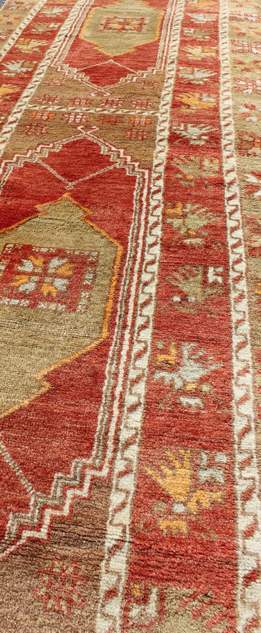 Dual Tribal Medallion red and green vintage Oushak runner from Turkey, rug tu - ugu - 3388, country of origin / type: Turkey / Oushak, circa 1940. This beautiful vintage Oushak runner from 1940s Turkey features a classic Oushak design, which is enha... - Keivan Woven ArtsTU - UGU - 3388 - 6227