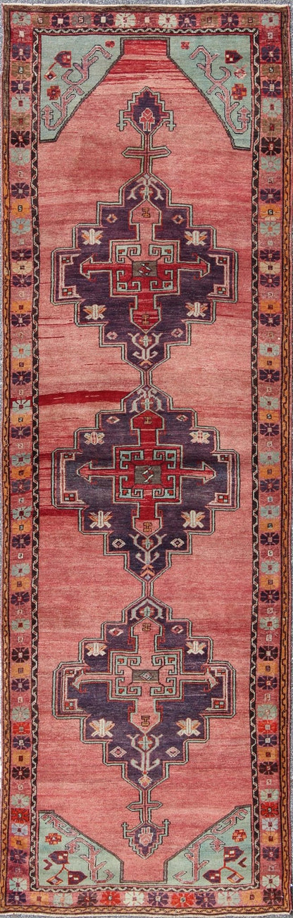 Multicolored vintage Oushak Turkish rug with layered medallions and geometric design, rug tu - ugu - 3389, country of origin / type: Turkey / Oushak, circa 1940 This beautiful vintage Oushak runner from 1940s Turkey features a classic Oushak design,... - Keivan Woven ArtsTU - UGU - 3389 - 5898Rug