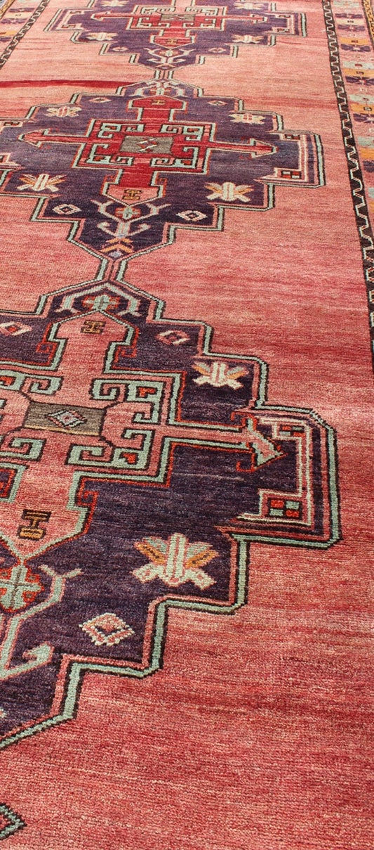 Multicolored vintage Oushak Turkish rug with layered medallions and geometric design, rug tu - ugu - 3389, country of origin / type: Turkey / Oushak, circa 1940 This beautiful vintage Oushak runner from 1940s Turkey features a classic Oushak design,... - Keivan Woven ArtsTU - UGU - 3389 - 5898