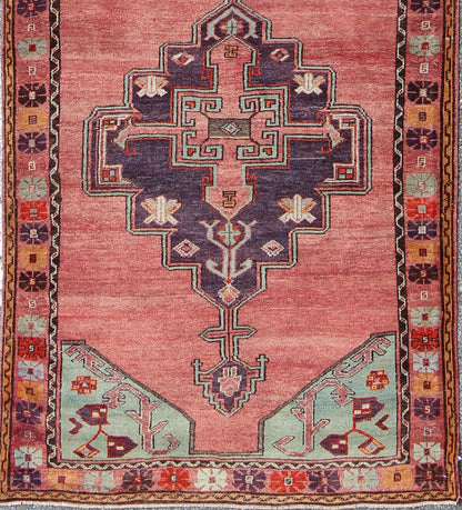 Multicolored vintage Oushak Turkish rug with layered medallions and geometric design, rug tu - ugu - 3389, country of origin / type: Turkey / Oushak, circa 1940 This beautiful vintage Oushak runner from 1940s Turkey features a classic Oushak design,... - Keivan Woven ArtsTU - UGU - 3389 - 5898Rug