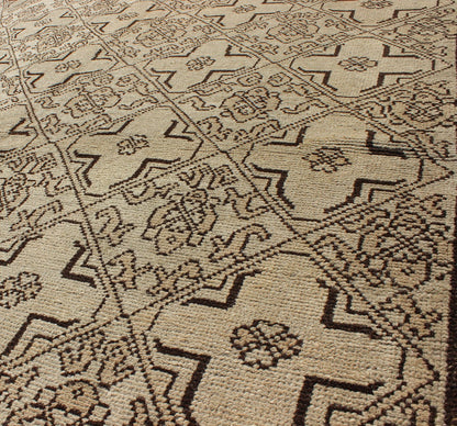 Vintage Oushak Rug with Modern Transitional Design in Dark Brown and Taupe. This unusual Turkish rug is a wonderfully detailed piece with an intricate geometric Mid Century Design is a wonderfully detailed piece with an intricate design that is sure... - Keivan Woven ArtsTU - UGU - 3392 - 5902Rug