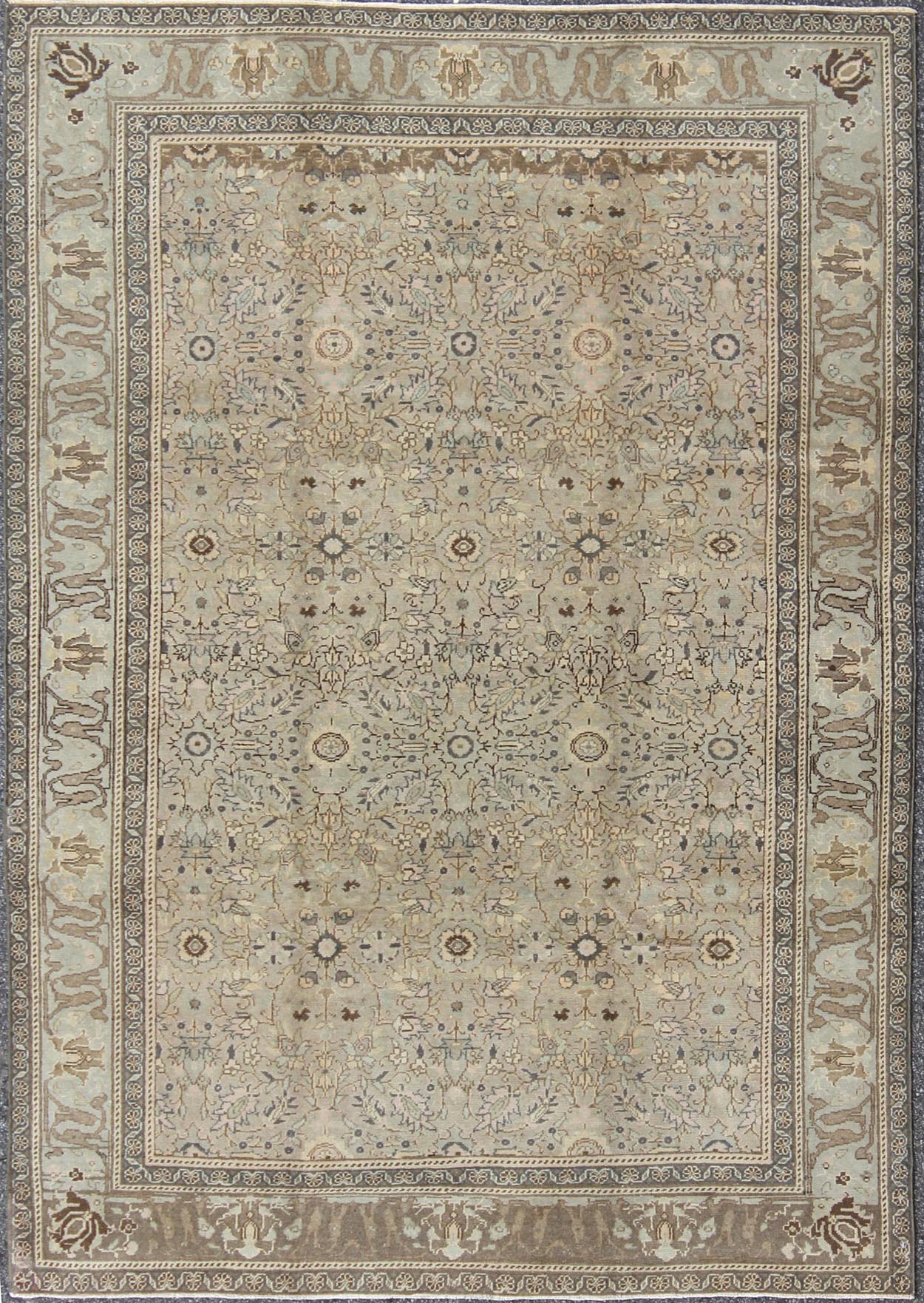 Vintage Turkish Sivas Rug with Floral Design in Earthy Neutrals Measures: 5'9' x 8'2' In this early 20th century Turkish Sivas antique rug, the sand field features a delicate trellis design of scrolling vinery and scattered fleuron with... - Keivan Woven ArtsTU - UGU - 3401 - 6235Rug