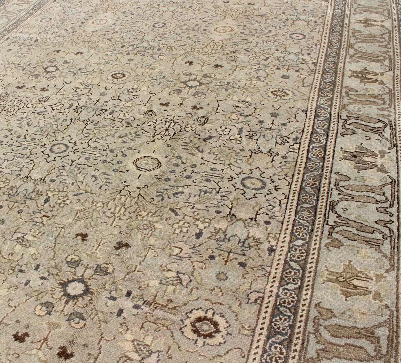 Vintage Turkish Sivas Rug with Floral Design in Earthy Neutrals Measures: 5'9' x 8'2' In this early 20th century Turkish Sivas antique rug, the sand field features a delicate trellis design of scrolling vinery and scattered fleuron with... - Keivan Woven ArtsTU - UGU - 3401 - 6235Rug