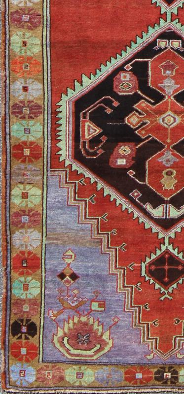 Unique and Colorful Turkish Oushak Rug with Multi - Layered Medallions & Cornices: This beautiful vintage Oushak runner from mid - 20th century Turkey is enhanced by its color palette and lustrous wool. The bright red ground is home to three large multi - la... - Keivan Woven ArtsTU - UGU - 3481 - 6929Rug