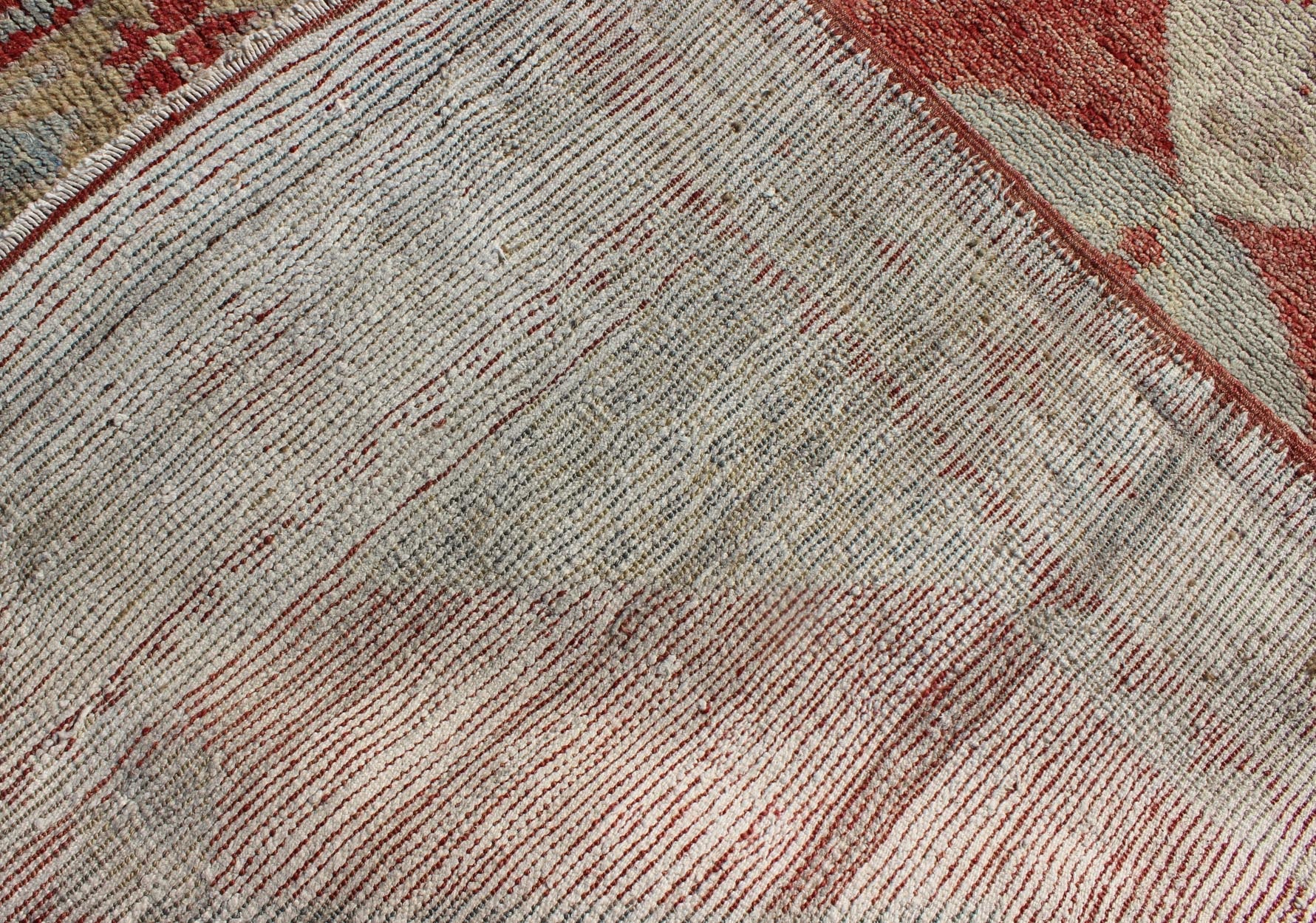 Vintage Turkish Oushak Medallion Runner in Soft Red, Lt. Blue, Cream Measures: 3'8'' x 9'7'' This beautiful vintage Oushak runner from 1930s Turkey features a Classic Oushak design, which is enhanced by its lustrous wool. The rich red gro... - Keivan Woven ArtsTU - UGU - 3601 - 6937Rug