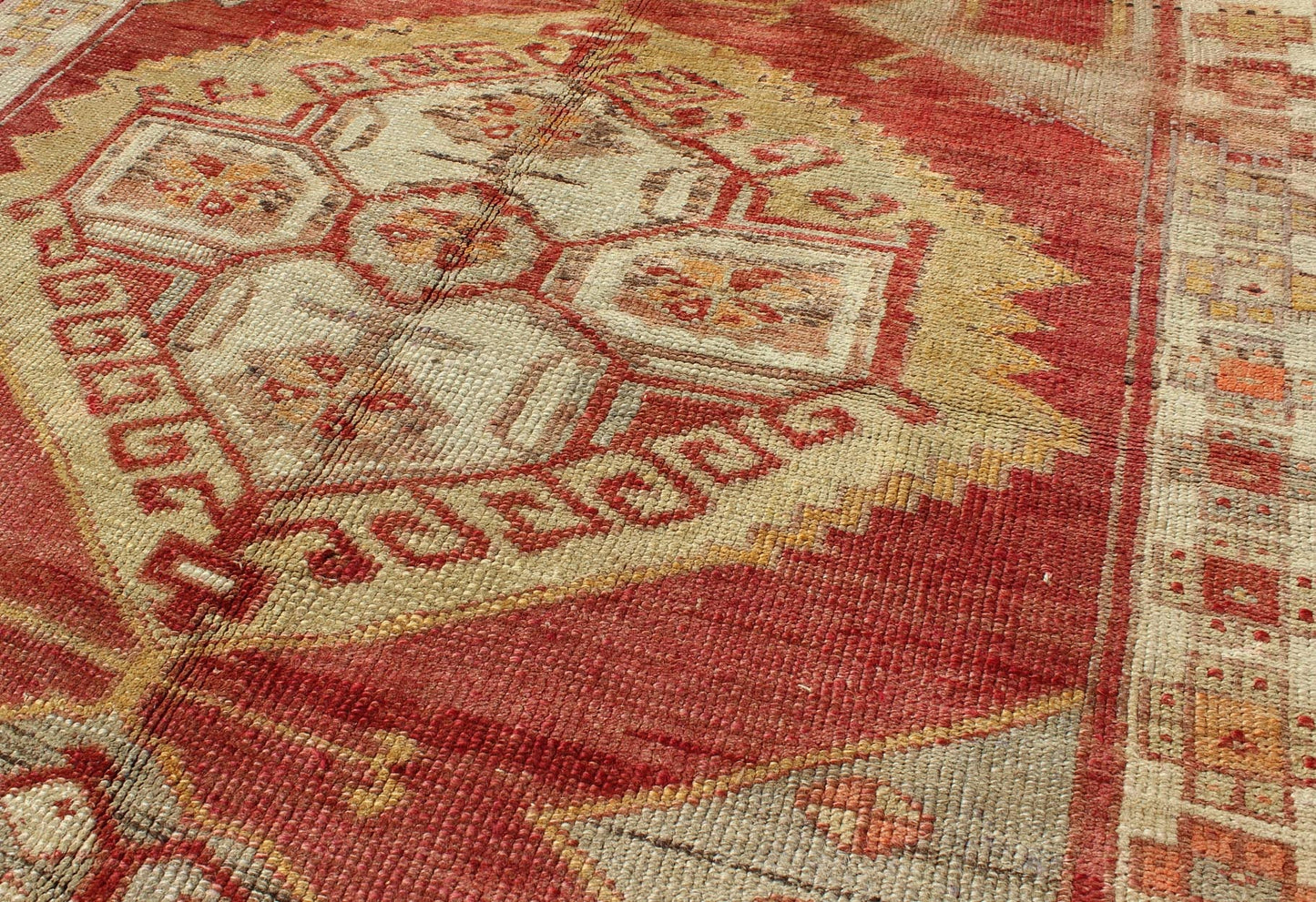 Square Turkish Oushak With Medallion Design in Muted Red, L. Green & Yellow. Square Turkish Oushak with Medallion Design. Vintage Oushak carpet from Turkey in square size, Keivan Woven Arts/ rug, TU - UGU - 38, country of origin / type: Turkey / Ous... - Keivan Woven ArtsTU - UGU - 38 - 3114Rug