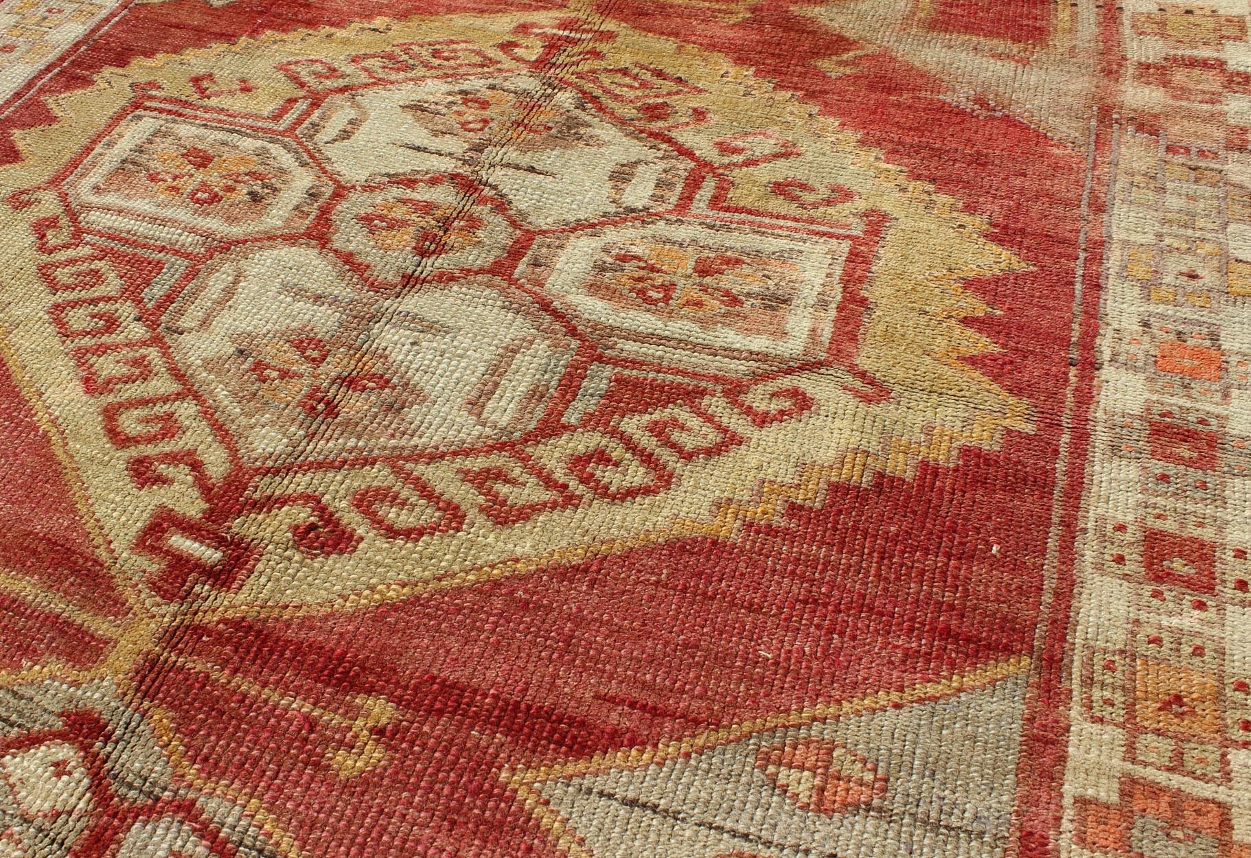 Square Turkish Oushak With Medallion Design in Muted Red, L. Green & Yellow. Square Turkish Oushak with Medallion Design. Vintage Oushak carpet from Turkey in square size, Keivan Woven Arts/ rug, TU - UGU - 38, country of origin / type: Turkey / Ous... - Keivan Woven ArtsTU - UGU - 38 - 3114Rug