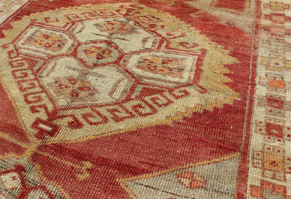 Square Turkish Oushak With Medallion Design in Muted Red, L. Green & Yellow. Square Turkish Oushak with Medallion Design. Vintage Oushak carpet from Turkey in square size, Keivan Woven Arts/ rug, TU - UGU - 38, country of origin / type: Turkey / Ous... - Keivan Woven ArtsTU - UGU - 38 - 3114Rug