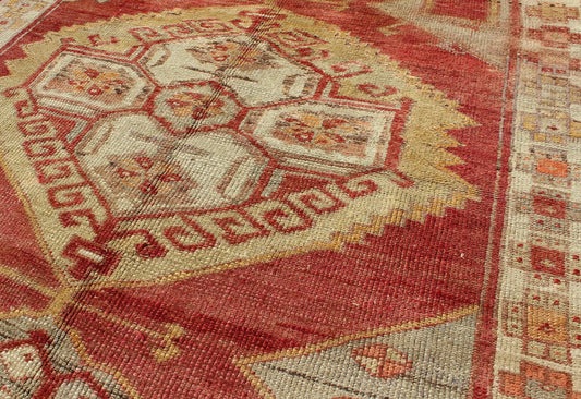 Square Turkish Oushak With Medallion Design in Muted Red, L. Green & Yellow. Square Turkish Oushak with Medallion Design. Vintage Oushak carpet from Turkey in square size, Keivan Woven Arts/ rug, TU - UGU - 38, country of origin / type: Turkey / Ous... - Keivan Woven ArtsTU - UGU - 38 - 3114Rug
