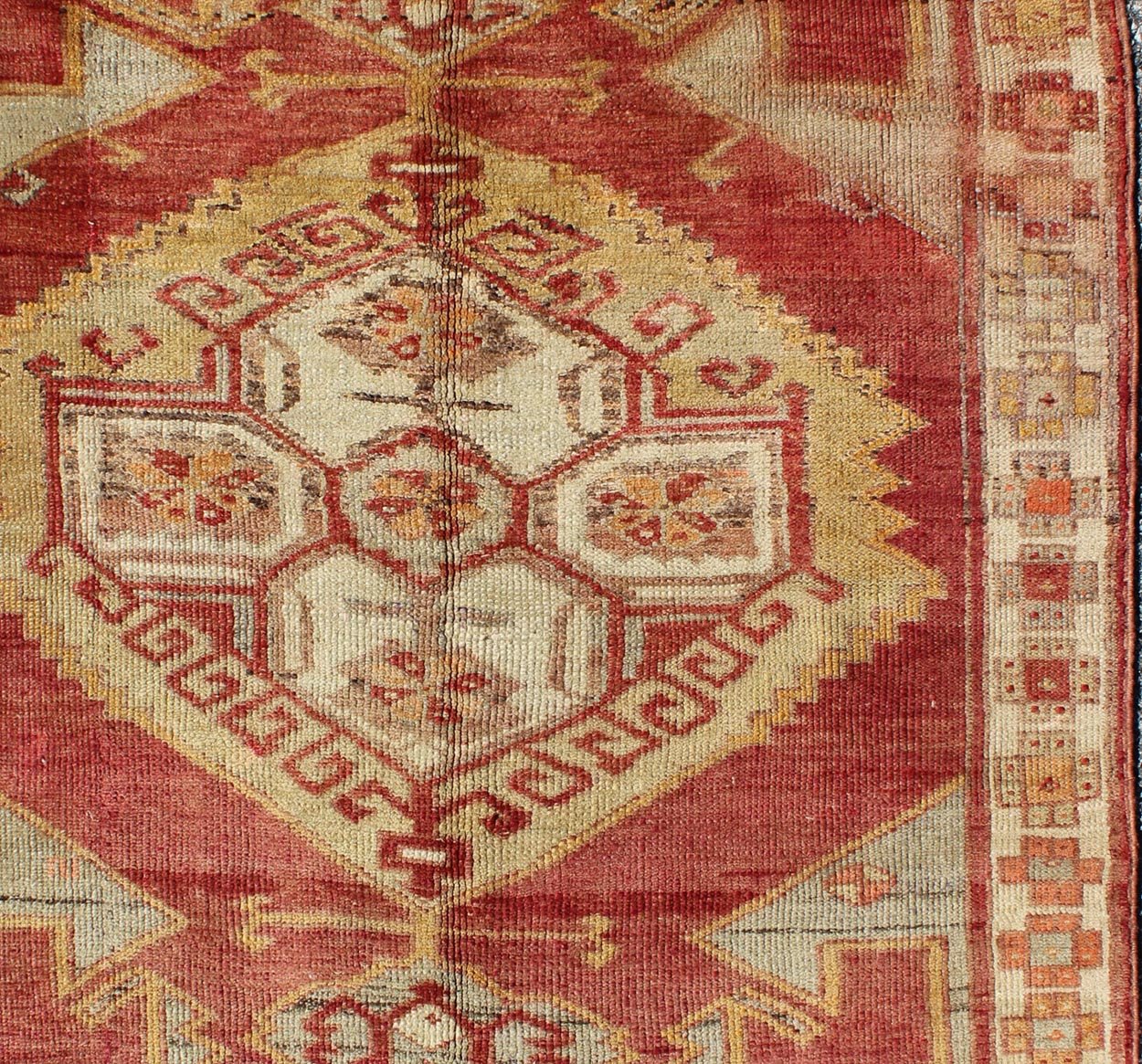 Square Turkish Oushak With Medallion Design in Muted Red, L. Green & Yellow. Square Turkish Oushak with Medallion Design. Vintage Oushak carpet from Turkey in square size, Keivan Woven Arts/ rug, TU - UGU - 38, country of origin / type: Turkey / Ous... - Keivan Woven ArtsTU - UGU - 38 - 3114Rug