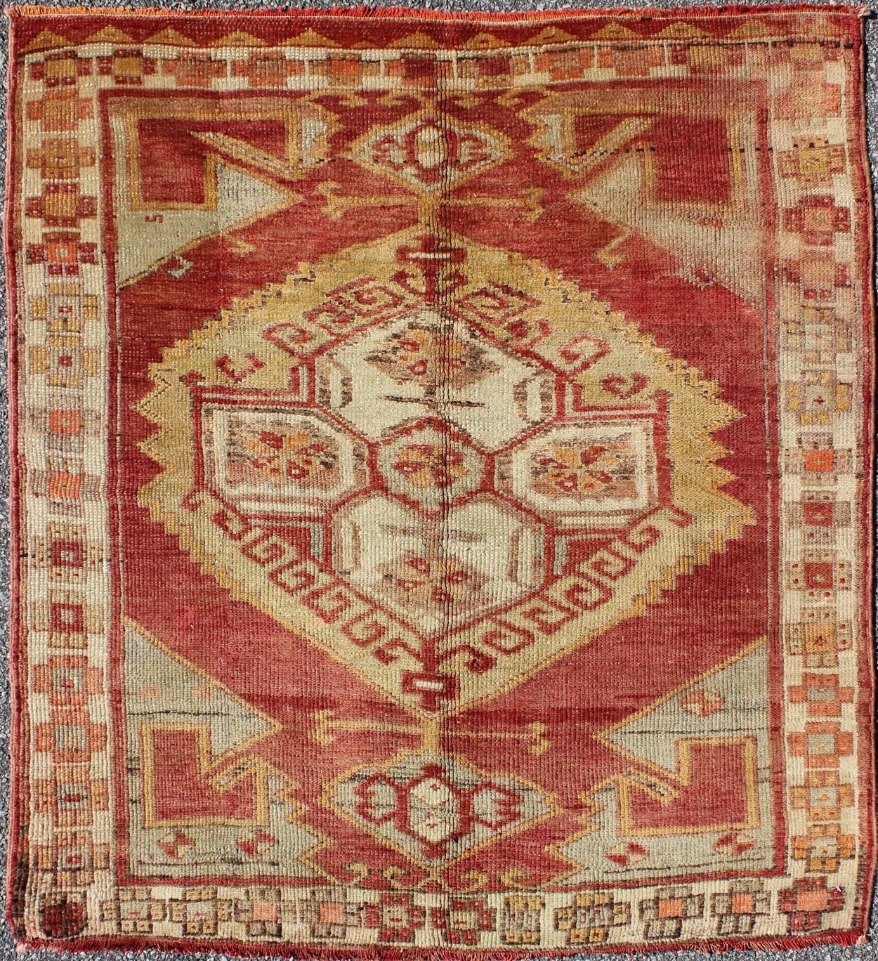 Square Turkish Oushak With Medallion Design in Muted Red, L. Green & Yellow. Square Turkish Oushak with Medallion Design. Vintage Oushak carpet from Turkey in square size, Keivan Woven Arts/ rug, TU - UGU - 38, country of origin / type: Turkey / Ous... - Keivan Woven ArtsTU - UGU - 38 - 3114Rug