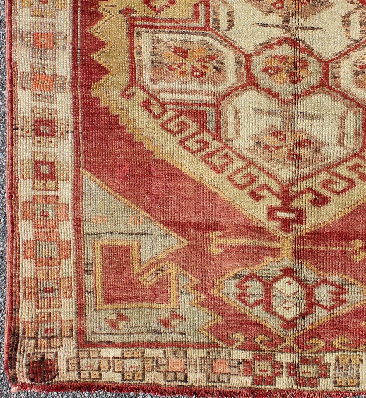 Square Turkish Oushak With Medallion Design in Muted Red, L. Green & Yellow. Square Turkish Oushak with Medallion Design. Vintage Oushak carpet from Turkey in square size, Keivan Woven Arts/ rug, TU - UGU - 38, country of origin / type: Turkey / Ous... - Keivan Woven ArtsTU - UGU - 38 - 3114Rug