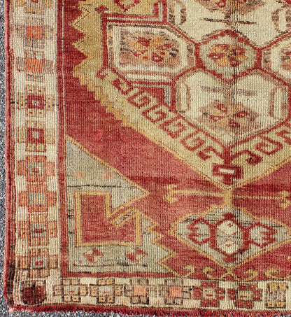 Square Turkish Oushak With Medallion Design in Muted Red, L. Green & Yellow. Square Turkish Oushak with Medallion Design. Vintage Oushak carpet from Turkey in square size, Keivan Woven Arts/ rug, TU - UGU - 38, country of origin / type: Turkey / Ous... - Keivan Woven ArtsTU - UGU - 38 - 3114Rug