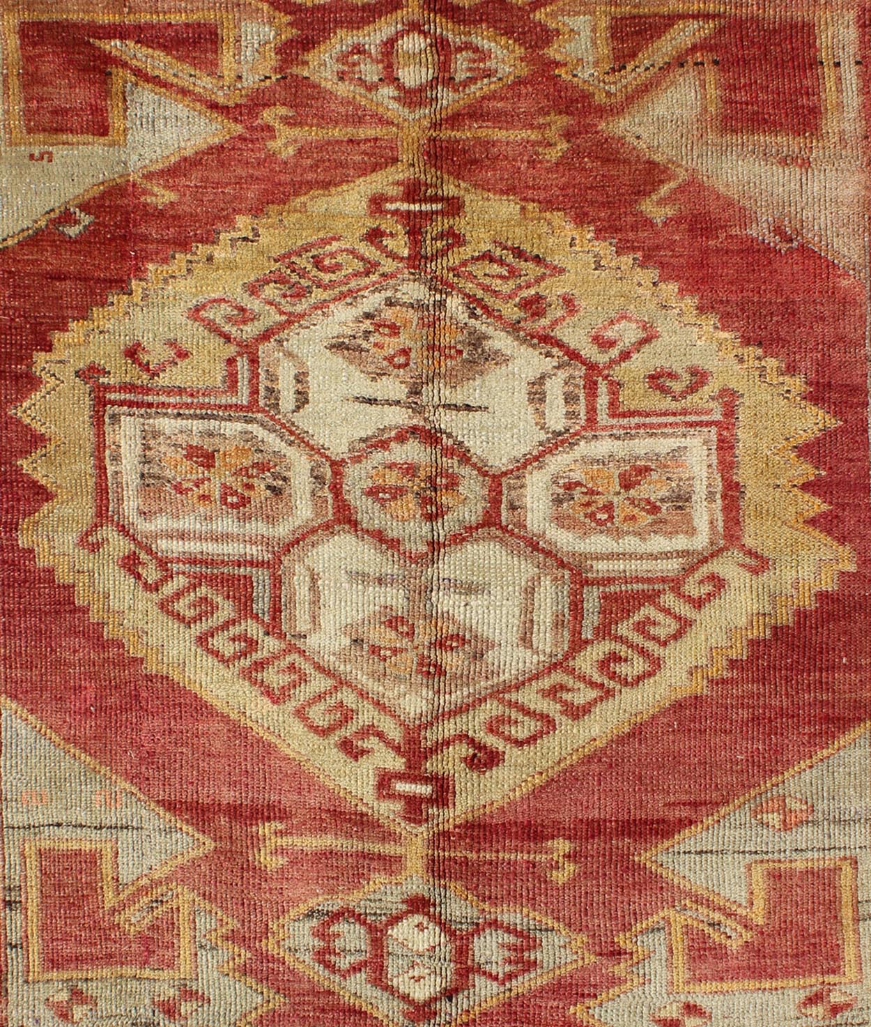 Square Turkish Oushak With Medallion Design in Muted Red, L. Green & Yellow. Square Turkish Oushak with Medallion Design. Vintage Oushak carpet from Turkey in square size, Keivan Woven Arts/ rug, TU - UGU - 38, country of origin / type: Turkey / Ous... - Keivan Woven ArtsTU - UGU - 38 - 3114Rug