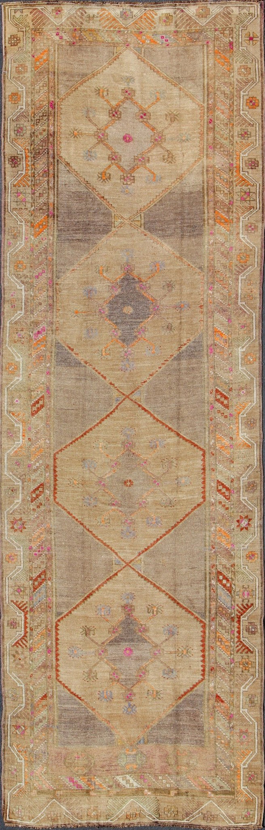 Colorful Turkish Gallery Runner with Multi - Medallion Design & Unique Colors. Vintage Oushak Rug from Turkey with Tribal Geometric Design, rug TU - UGU - 4807, country of origin / type: Turkey / Oushak, circa 1930 This Turkish carpet from 2n... - Keivan Woven ArtsTU - UGU - 4807 - 10293