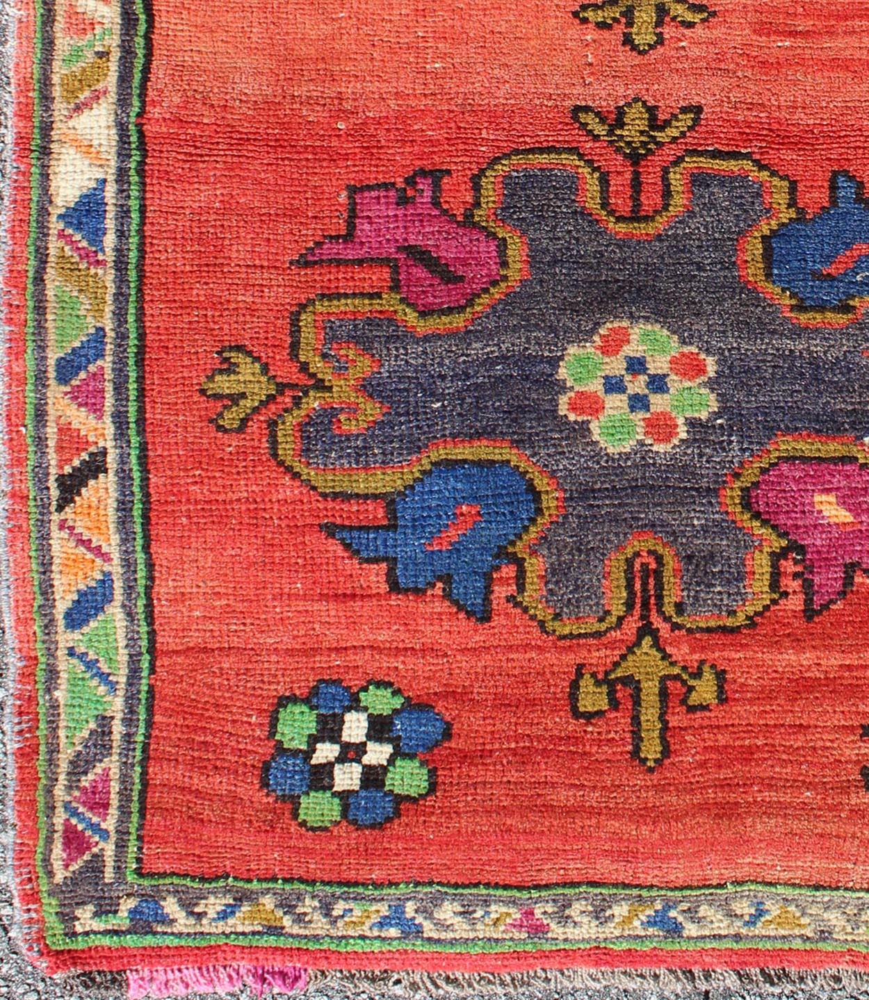 Vintage Turkish Oushak Rug in Beautiful Red Background and Cheerful Colors. Multi colors floral medallion design Oushak vintage rug from Turkey in variety of original funky colors, rug TU - UGU - 50, country of origin / type: Turkey / Oushak, circa ... - Keivan Woven ArtsTU - UGU - 50 - 2844Rug