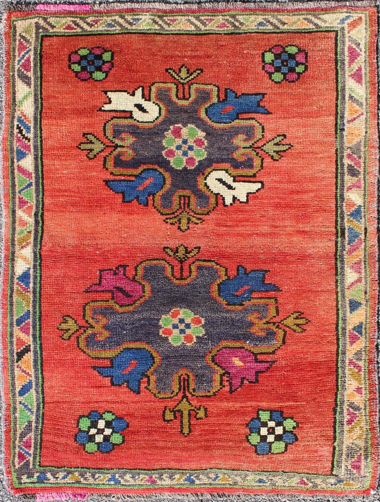 Vintage Turkish Oushak Rug in Beautiful Red Background and Cheerful Colors. Multi colors floral medallion design Oushak vintage rug from Turkey in variety of original funky colors, rug TU - UGU - 50, country of origin / type: Turkey / Oushak, circa ... - Keivan Woven ArtsTU - UGU - 50 - 2844Rug