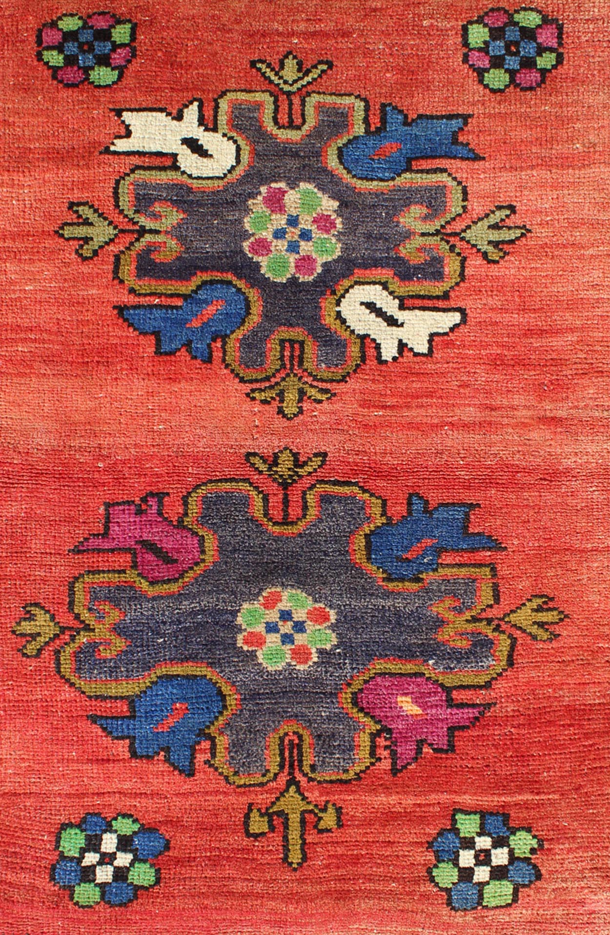 Vintage Turkish Oushak Rug in Beautiful Red Background and Cheerful Colors. Multi colors floral medallion design Oushak vintage rug from Turkey in variety of original funky colors, rug TU - UGU - 50, country of origin / type: Turkey / Oushak, circa ... - Keivan Woven ArtsTU - UGU - 50 - 2844Rug