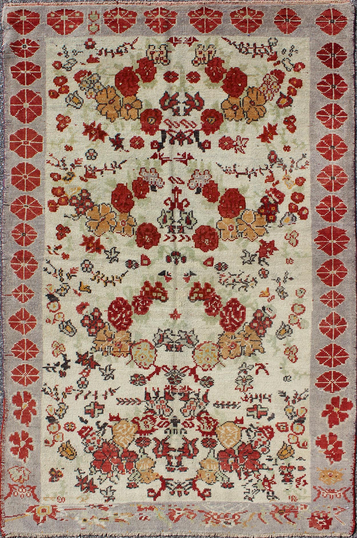 Vintage Turkish Oushak Rug in All - Over Flower Design Background & Simple Boteh Border All - Over Design Turkish Oushak Rug with Flowers and boteh. Keivan Woven Arts/ rug/ TU - UGU - 95163 origin/turkey Measures: 3'11 x 6'4 This vintage ... - Keivan Woven ArtsTU - UGU - 95163 - 4710Rug
