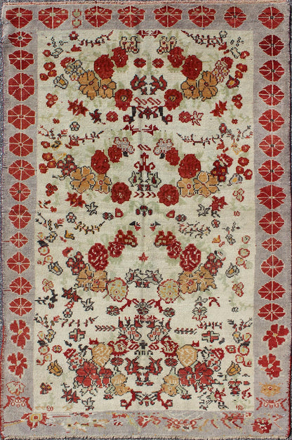 Vintage Turkish Oushak Rug in All - Over Flower Design Background & Simple Boteh Border All - Over Design Turkish Oushak Rug with Flowers and boteh. Keivan Woven Arts/ rug/ TU - UGU - 95163 origin/turkey Measures: 3'11 x 6'4 This vintage ... - Keivan Woven ArtsTU - UGU - 95163 - 4710Rug