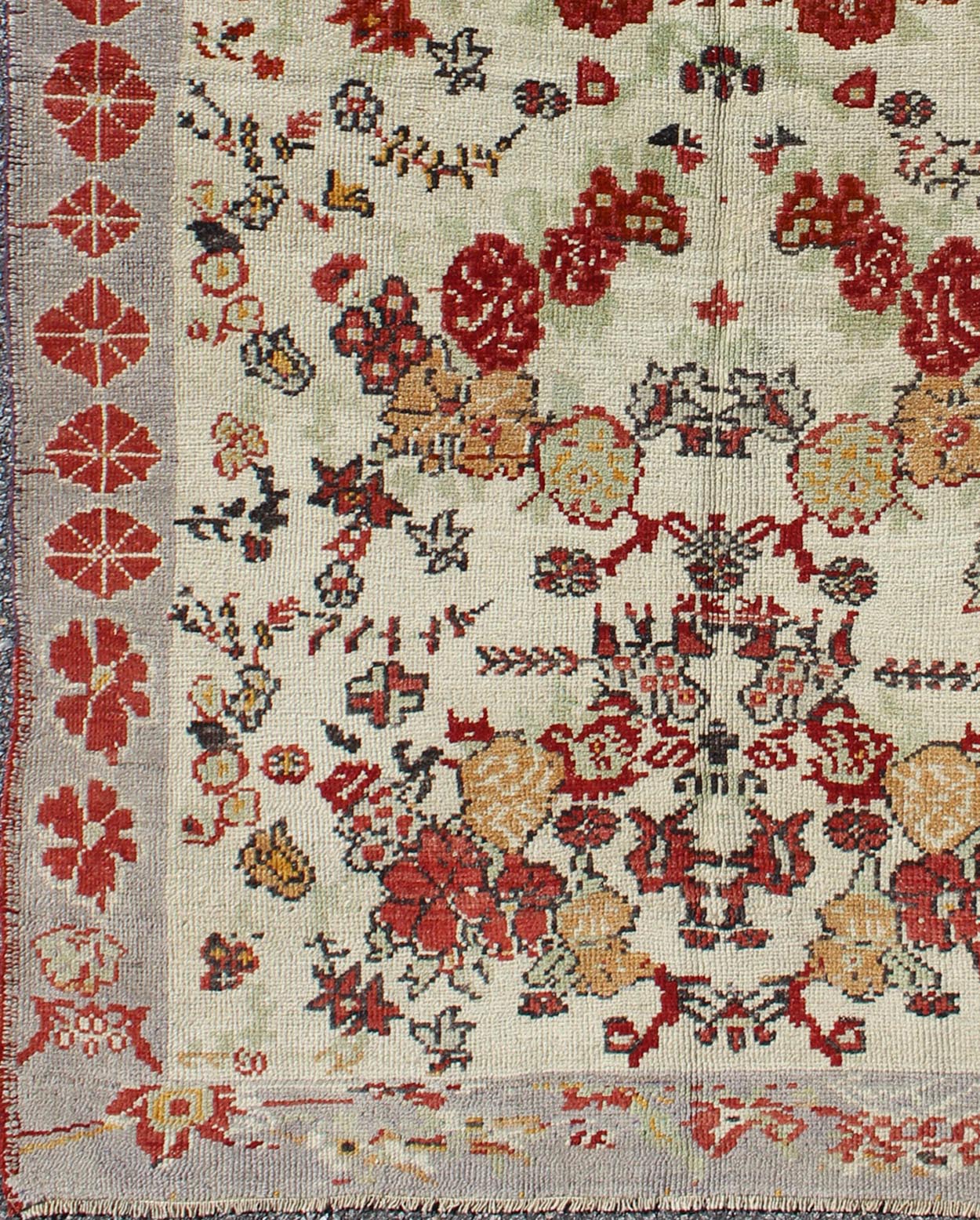 Vintage Turkish Oushak Rug in All - Over Flower Design Background & Simple Boteh Border All - Over Design Turkish Oushak Rug with Flowers and boteh. Keivan Woven Arts/ rug/ TU - UGU - 95163 origin/turkey Measures: 3'11 x 6'4 This vintage ... - Keivan Woven ArtsTU - UGU - 95163 - 4710Rug