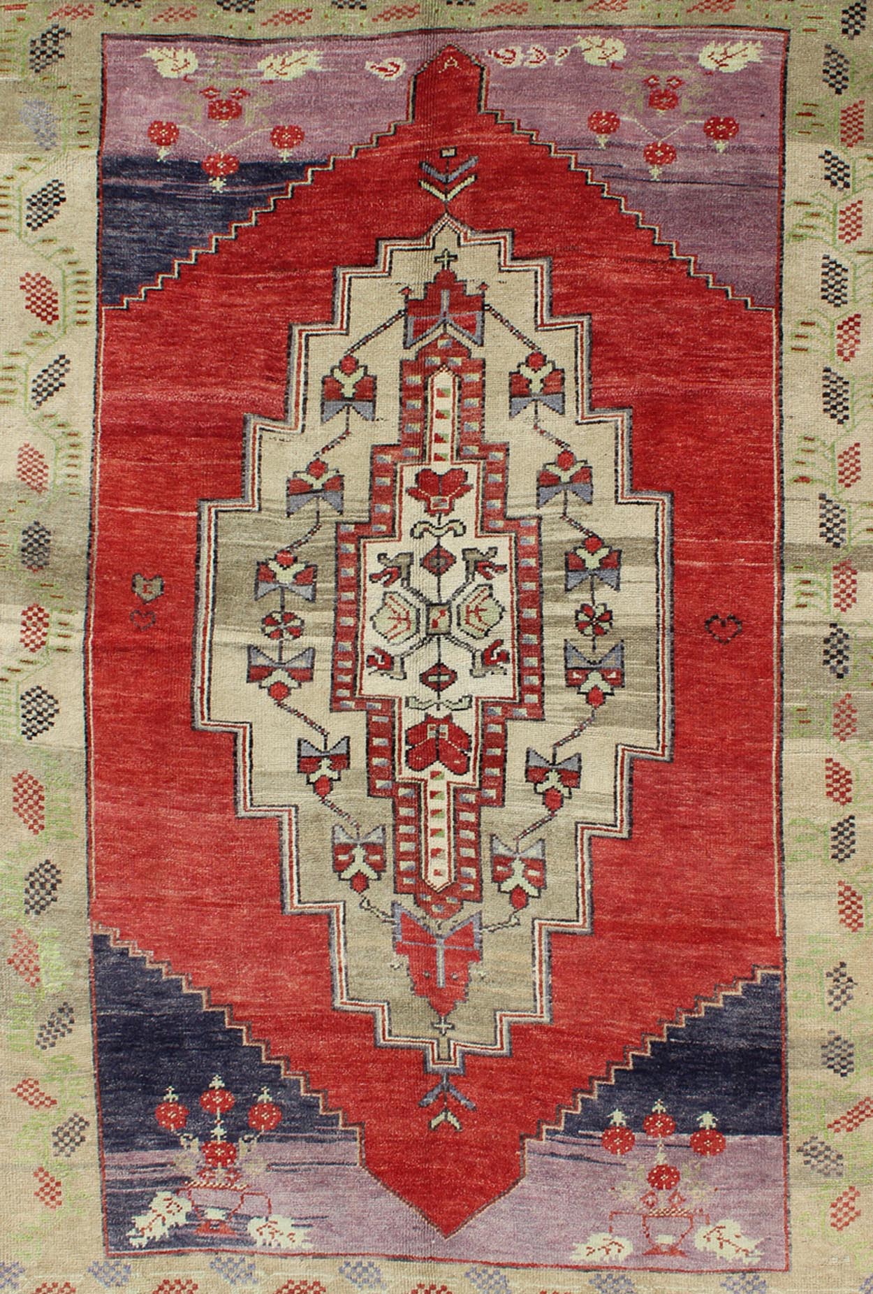 Vintage Turkish Tribal Medallion Oushak in Red, Champagne, Lilac and Navy Blue Measures: 5.4 x 7.9 This beautiful rug from mid - 20th century Turkey features a classic Oushak design, large scale medallion in the field, rendered in red, cha... - Keivan Woven ArtsTU - UGU - 95165 - 4650Rug