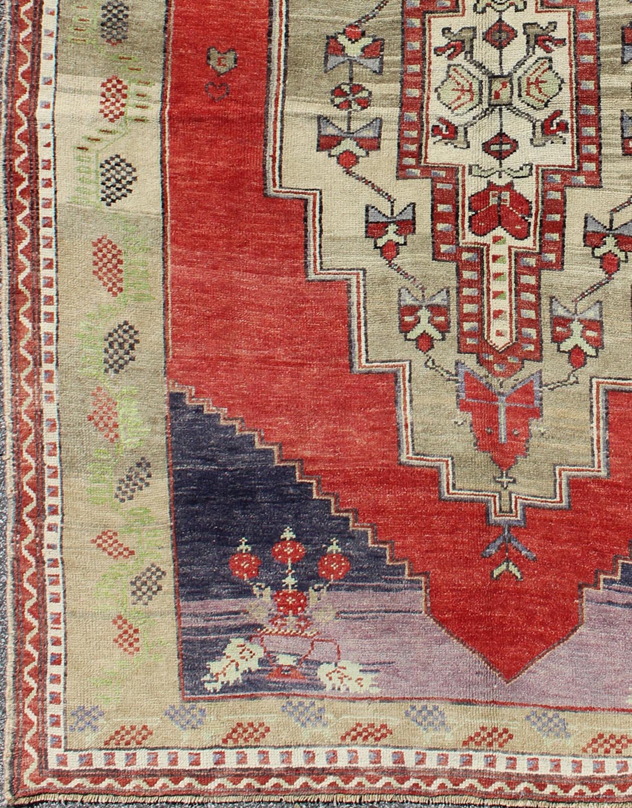 Vintage Turkish Tribal Medallion Oushak in Red, Champagne, Lilac and Navy Blue Measures: 5.4 x 7.9 This beautiful rug from mid - 20th century Turkey features a classic Oushak design, large scale medallion in the field, rendered in red, cha... - Keivan Woven ArtsTU - UGU - 95165 - 4650Rug