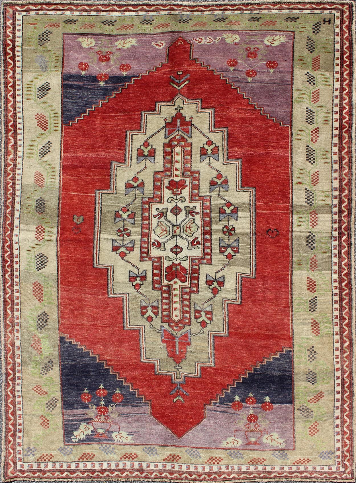 Vintage Turkish Tribal Medallion Oushak in Red, Champagne, Lilac and Navy Blue Measures: 5.4 x 7.9 This beautiful rug from mid - 20th century Turkey features a classic Oushak design, large scale medallion in the field, rendered in red, cha... - Keivan Woven ArtsTU - UGU - 95165 - 4650Rug