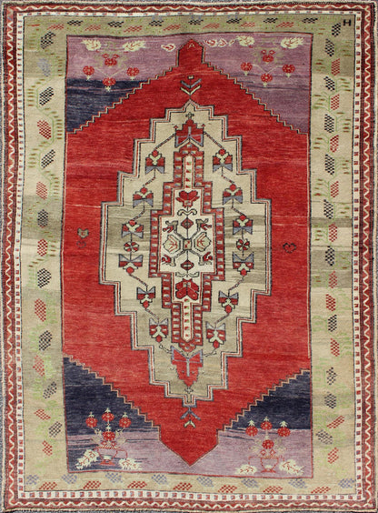 Vintage Turkish Tribal Medallion Oushak in Red, Champagne, Lilac and Navy Blue Measures: 5.4 x 7.9 This beautiful rug from mid - 20th century Turkey features a classic Oushak design, large scale medallion in the field, rendered in red, cha... - Keivan Woven ArtsTU - UGU - 95165 - 4650Rug