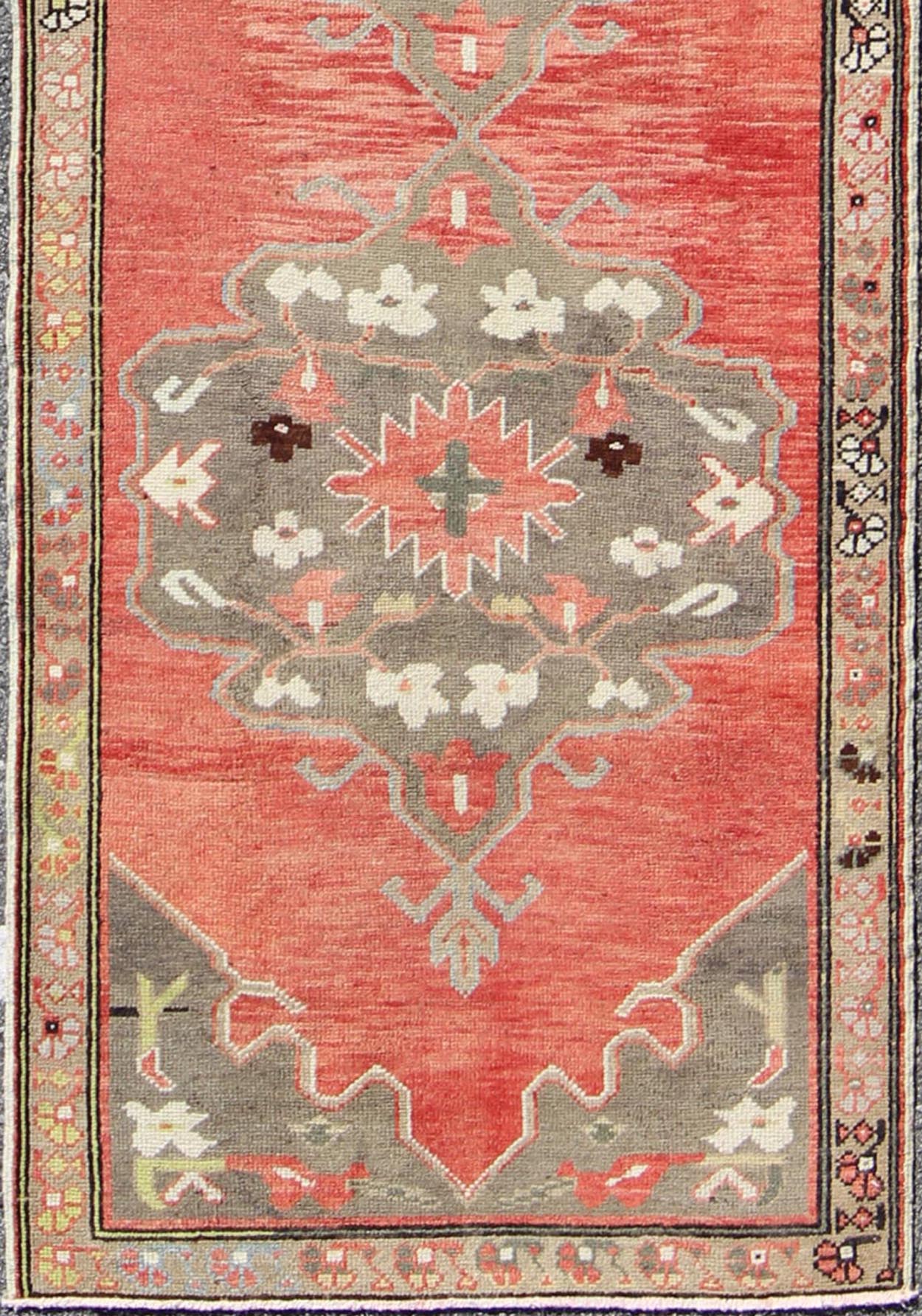 Three Medallion vintage Turkish Oushak runner in red, charcoal, and grey, rug tu - ugu - 95168, country of origin / type: Turkey / Oushak, circa 1940. This beautiful vintage Oushak runner from 1940s Turkey features a Classic Oushak design, which is ... - Keivan Woven ArtsTU - UGU - 95168 - 4660Rug