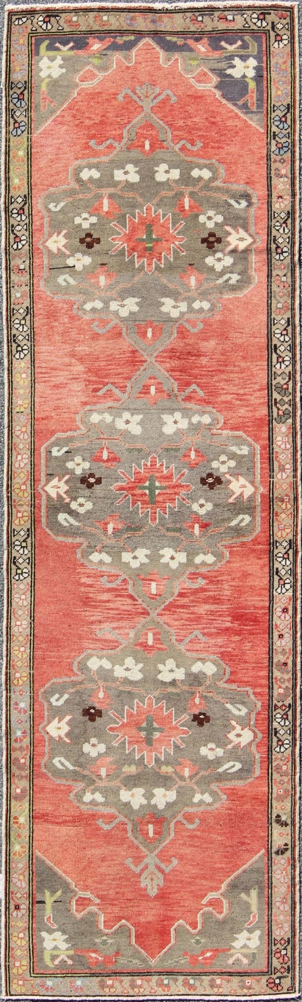 Three Medallion vintage Turkish Oushak runner in red, charcoal, and grey, rug tu - ugu - 95168, country of origin / type: Turkey / Oushak, circa 1940. This beautiful vintage Oushak runner from 1940s Turkey features a Classic Oushak design, which is ... - Keivan Woven ArtsTU - UGU - 95168 - 4660Rug