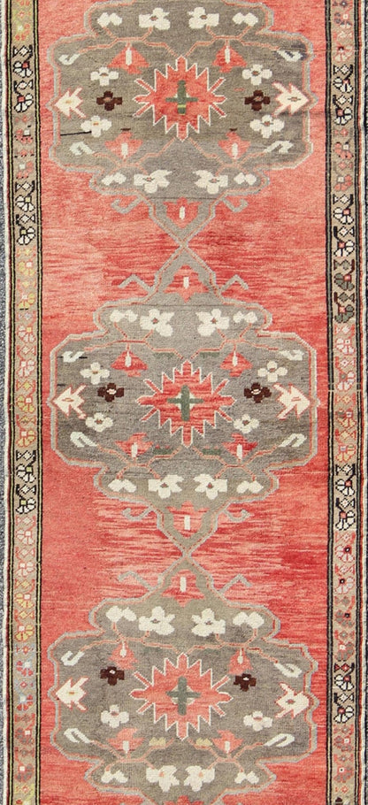 Three Medallion vintage Turkish Oushak runner in red, charcoal, and grey, rug tu - ugu - 95168, country of origin / type: Turkey / Oushak, circa 1940. This beautiful vintage Oushak runner from 1940s Turkey features a Classic Oushak design, which is ... - Keivan Woven ArtsTU - UGU - 95168 - 4660Rug