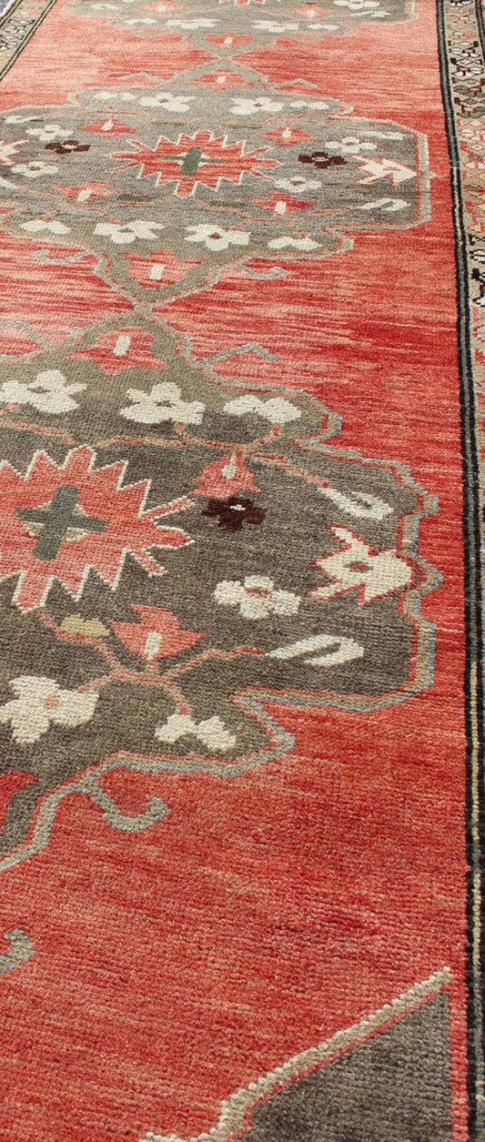 Three Medallion vintage Turkish Oushak runner in red, charcoal, and grey, rug tu - ugu - 95168, country of origin / type: Turkey / Oushak, circa 1940. This beautiful vintage Oushak runner from 1940s Turkey features a Classic Oushak design, which is ... - Keivan Woven ArtsTU - UGU - 95168 - 4660Rug