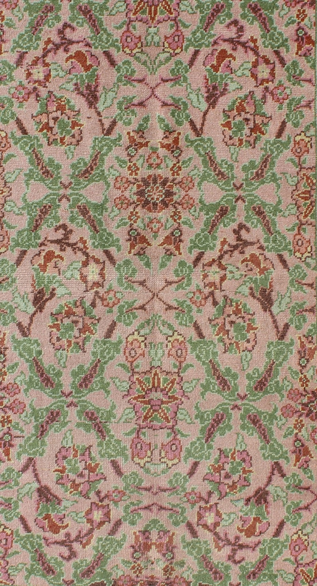 Pink, Rose, and Green Floral Design Midcentury Vintage Turkish Oushak Area Rug Measures: 4'1 x 6'7 Set on a light pink field with an all - over pattern, this beautiful midcentury Turkish Oushak rug (circa 1940) features cross - latch an... - Keivan Woven ArtsTU - VEY - 136611 - 9226