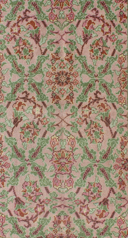 Pink, Rose, and Green Floral Design Midcentury Vintage Turkish Oushak Area Rug Measures: 4'1 x 6'7 Set on a light pink field with an all - over pattern, this beautiful midcentury Turkish Oushak rug (circa 1940) features cross - latch an... - Keivan Woven ArtsTU - VEY - 136611 - 9226