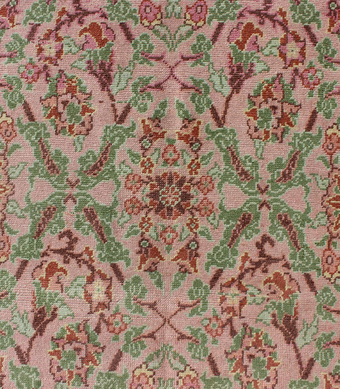 Pink, Rose, and Green Floral Design Midcentury Vintage Turkish Oushak Area Rug Measures: 4'1 x 6'7 Set on a light pink field with an all - over pattern, this beautiful midcentury Turkish Oushak rug (circa 1940) features cross - latch an... - Keivan Woven ArtsTU - VEY - 136611 - 9226